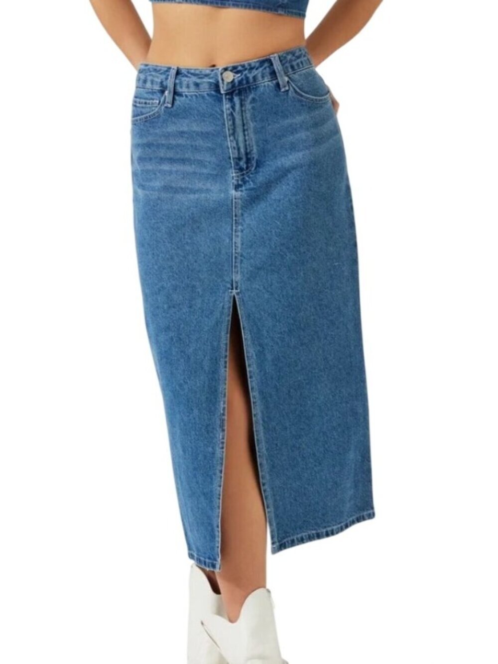 Forever 21 Womens Blue Denim Midi Skirt Front Slit Size S